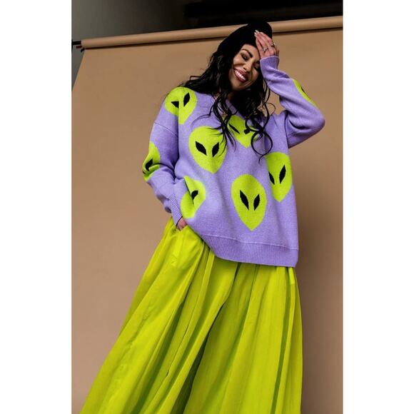 Dressed in LALA Sweaters - Dressed in Lala Too Cool For You Oversized Alien Knit in Lavender